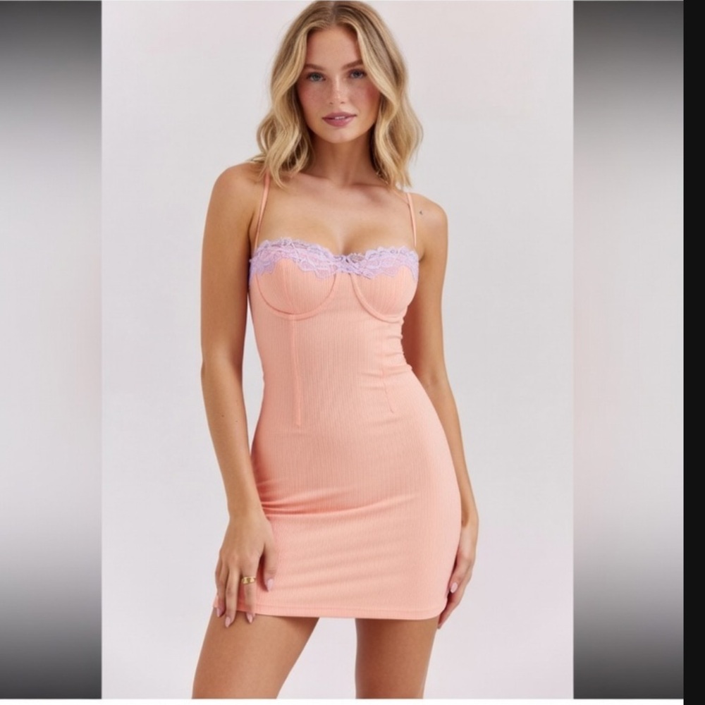 HOUSE OF CB 'Harper' Sorbet Lace Trimmed Mini Dress/Size XS (Tall and Plus) $255